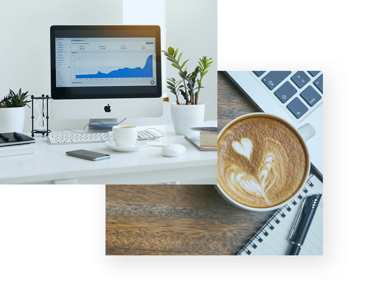 twee afbeeldingen van macbook en koffie met analytics - Hey Marketing