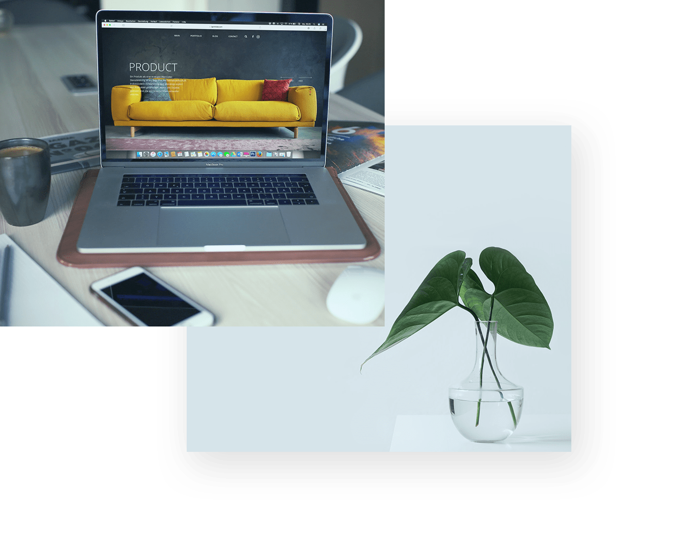 Dubbele afbeelding van website en rustige plant met schaduw - Hey Marketing
